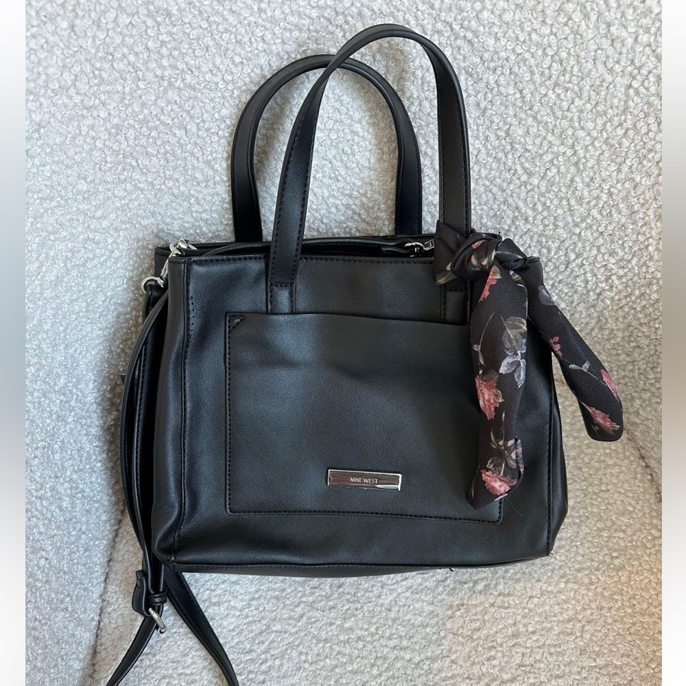 Nine West Black Faux Leather Floral Scarf Accented Purse
